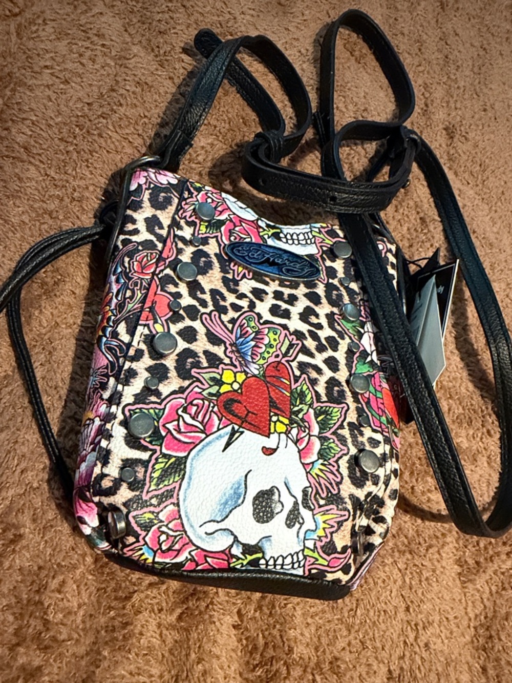 Ed Hardy Leopard Floral Skull Crossbody Bag in Black, Pink, Red, Green, Blue